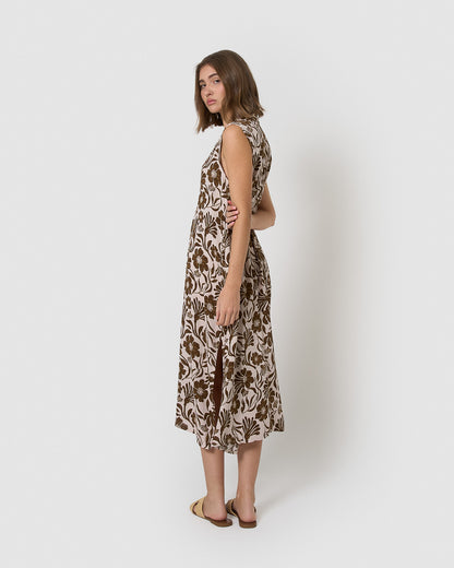 Vestido midi bambula detalles plisados alexis marrón