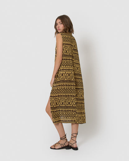 Vestido midi bambula detalles plisados indi marrón