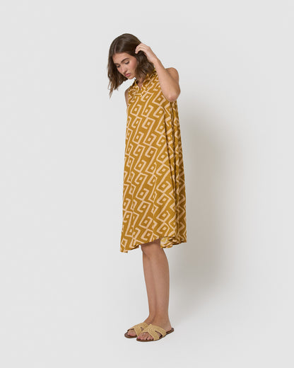 Vestido corto cuello pico bambula detalles plisados baladi limón