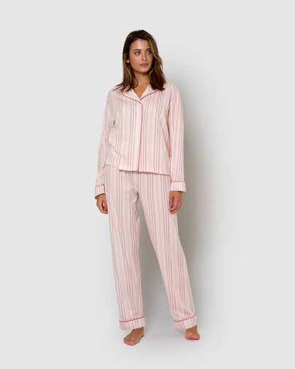 Long cotton shirt-style pajamas with pink stripes.