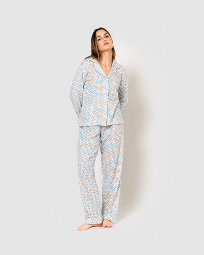 Long cotton shirt-style pajamas indigo