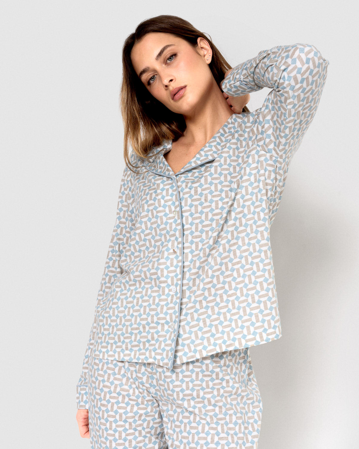 Long cotton shirt-style pajamas indigo