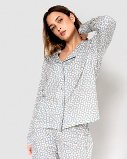 Long cotton shirt-style pajamas indigo