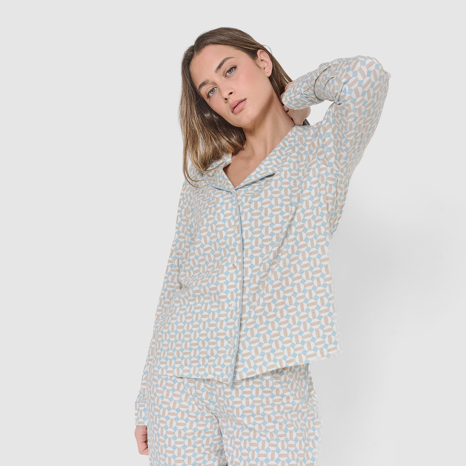 Long cotton shirt-style pajamas indigo