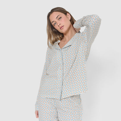 Long cotton shirt-style pajamas indigo
