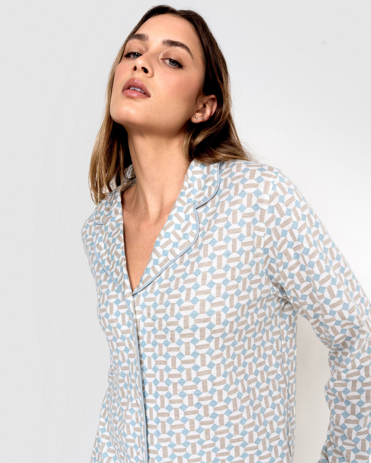 Long cotton shirt-style pajamas indigo