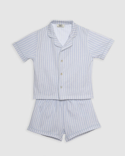 Pigiama corto a camicia bambino cotone a righe Ferdinando celeste