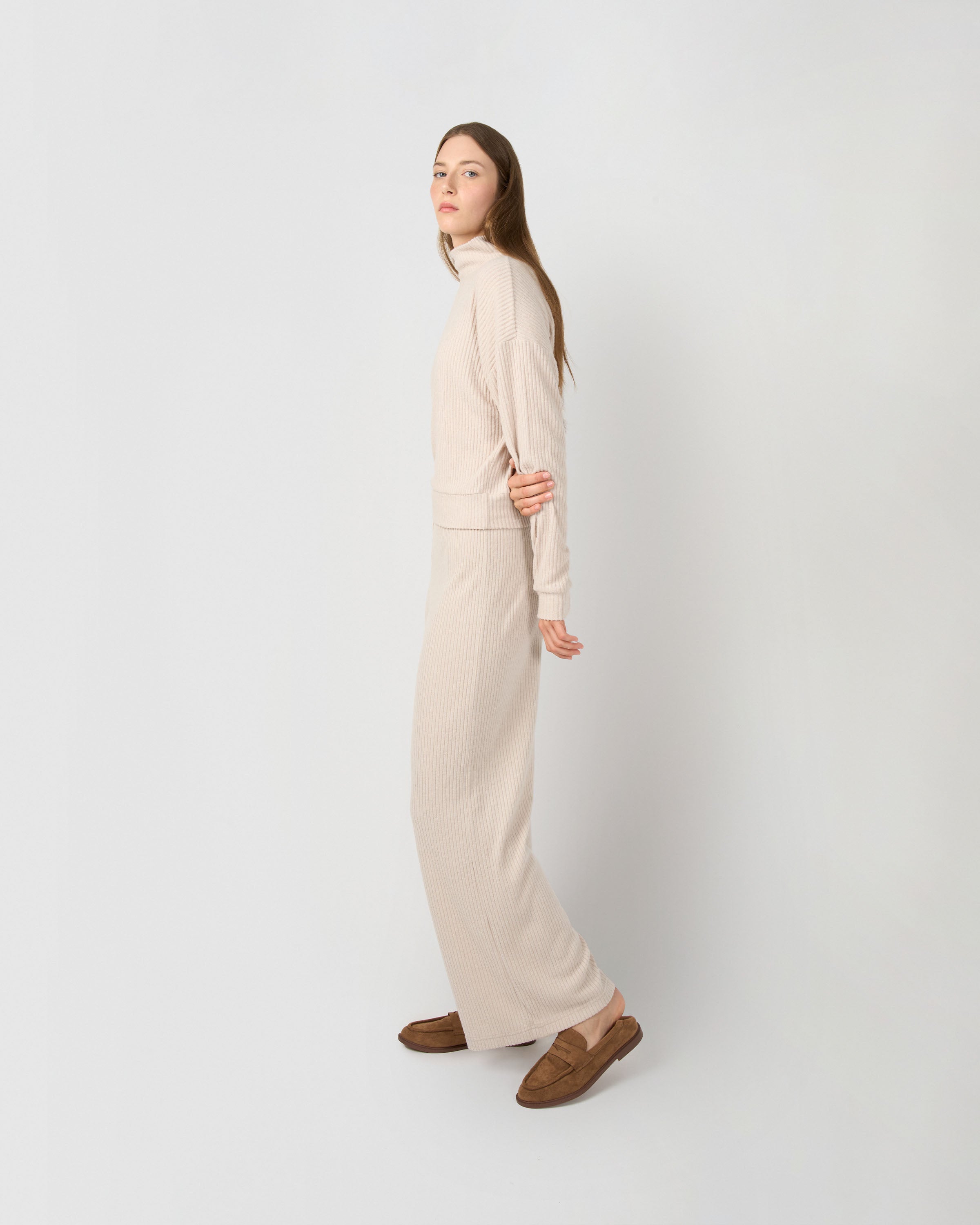 Set jersey pantalón rib canalé liso beige