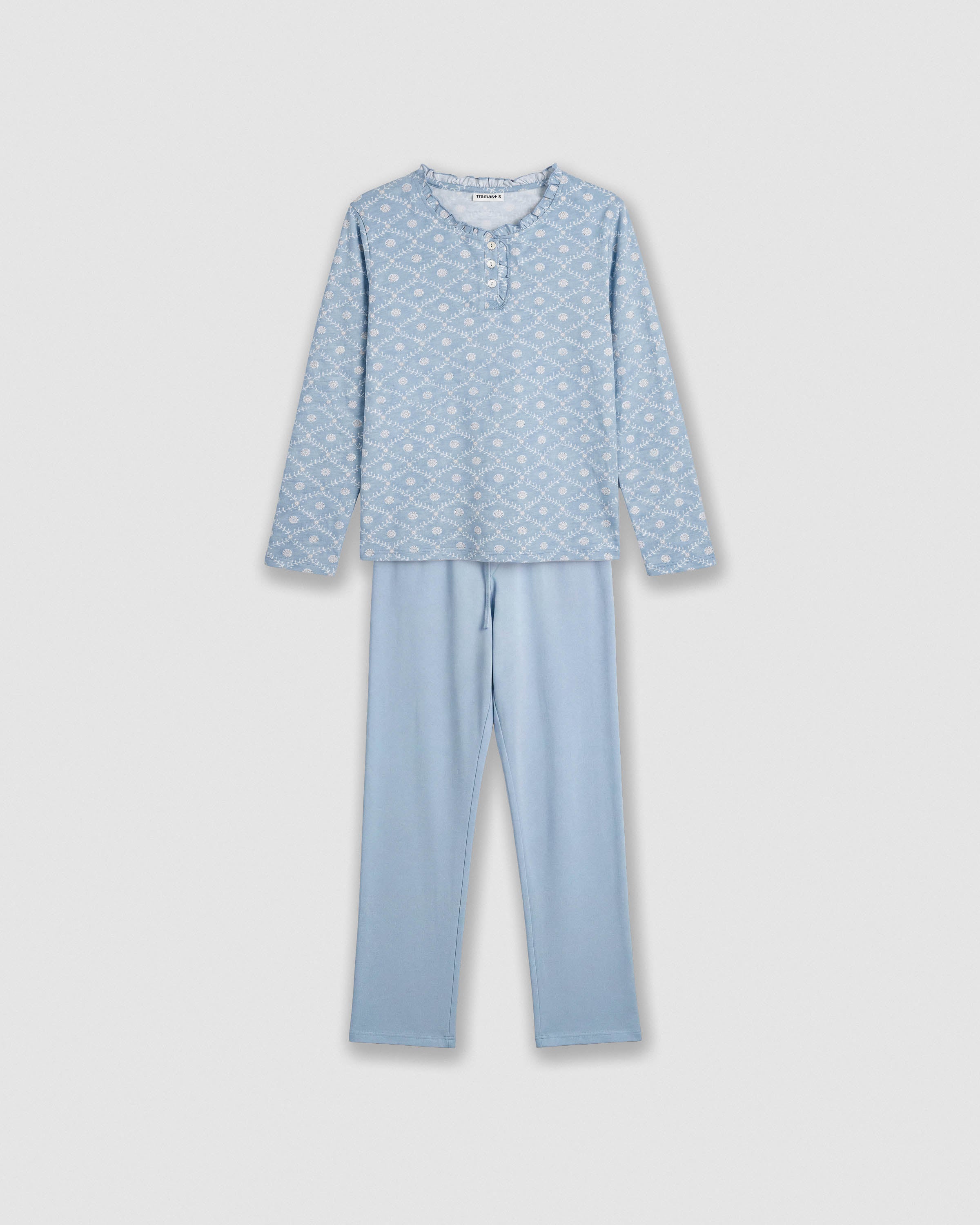 Pijama largo algodón frunce yana celeste