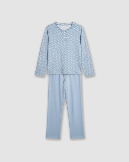 Pijama largo algodón frunce yana celeste