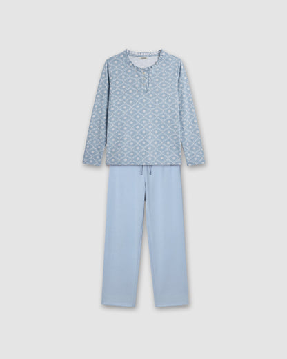 Pijama largo algodón frunce yana celeste