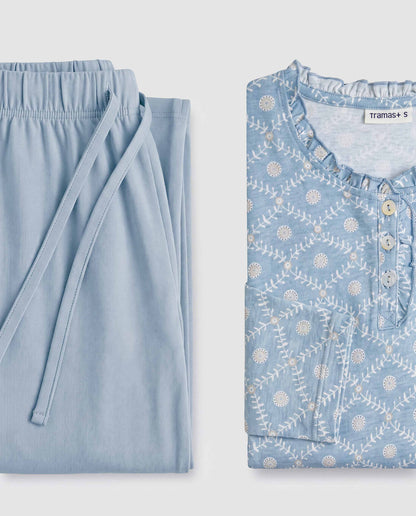 Pijama largo algodón frunce yana celeste