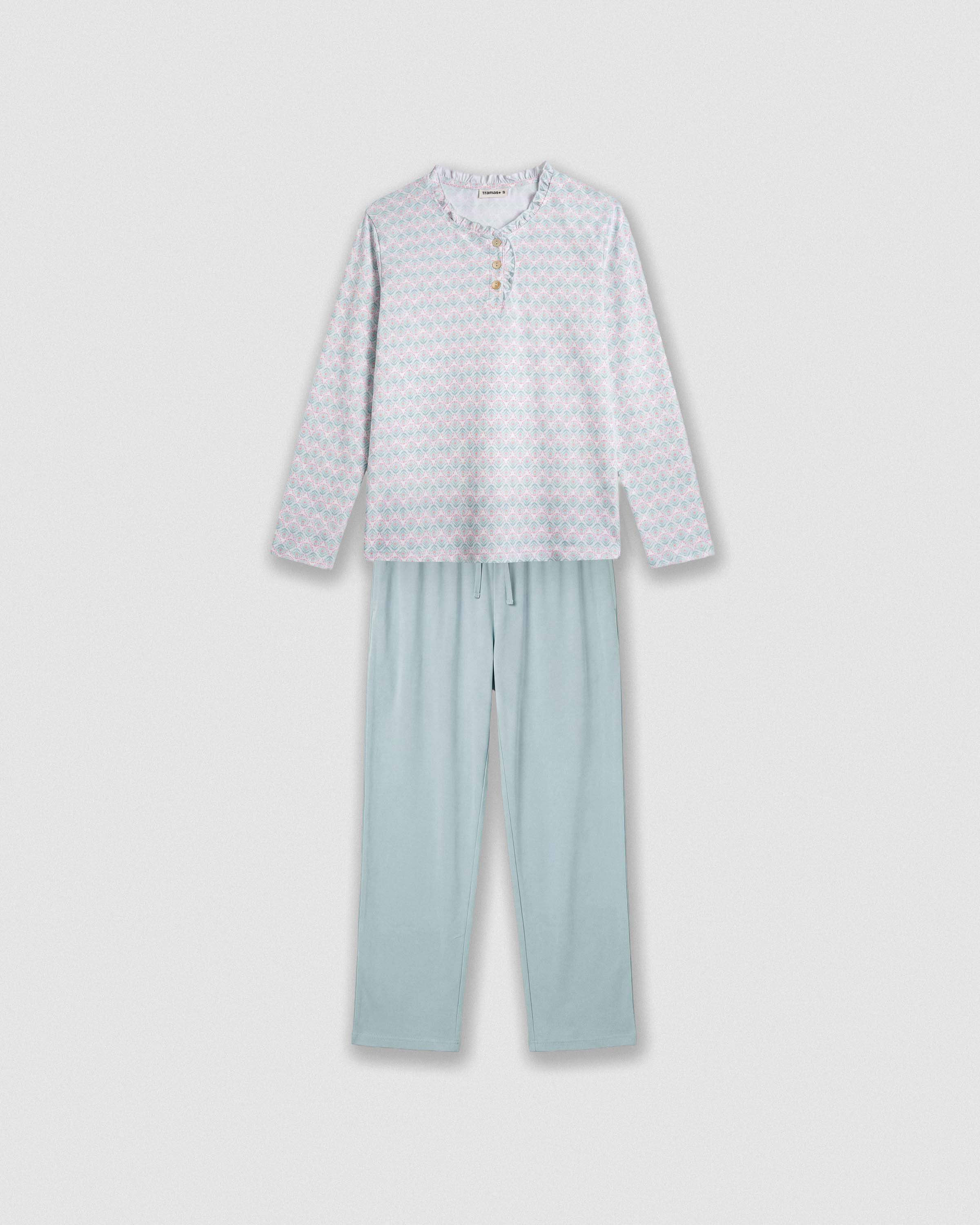 Pijama largo algodón frunce nuru verde azulado