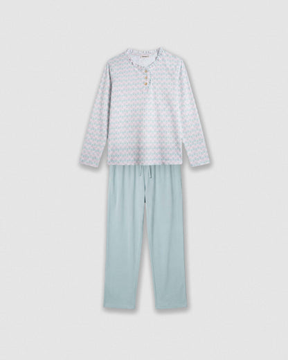 Pijama largo algodón frunce nuru verde azulado
