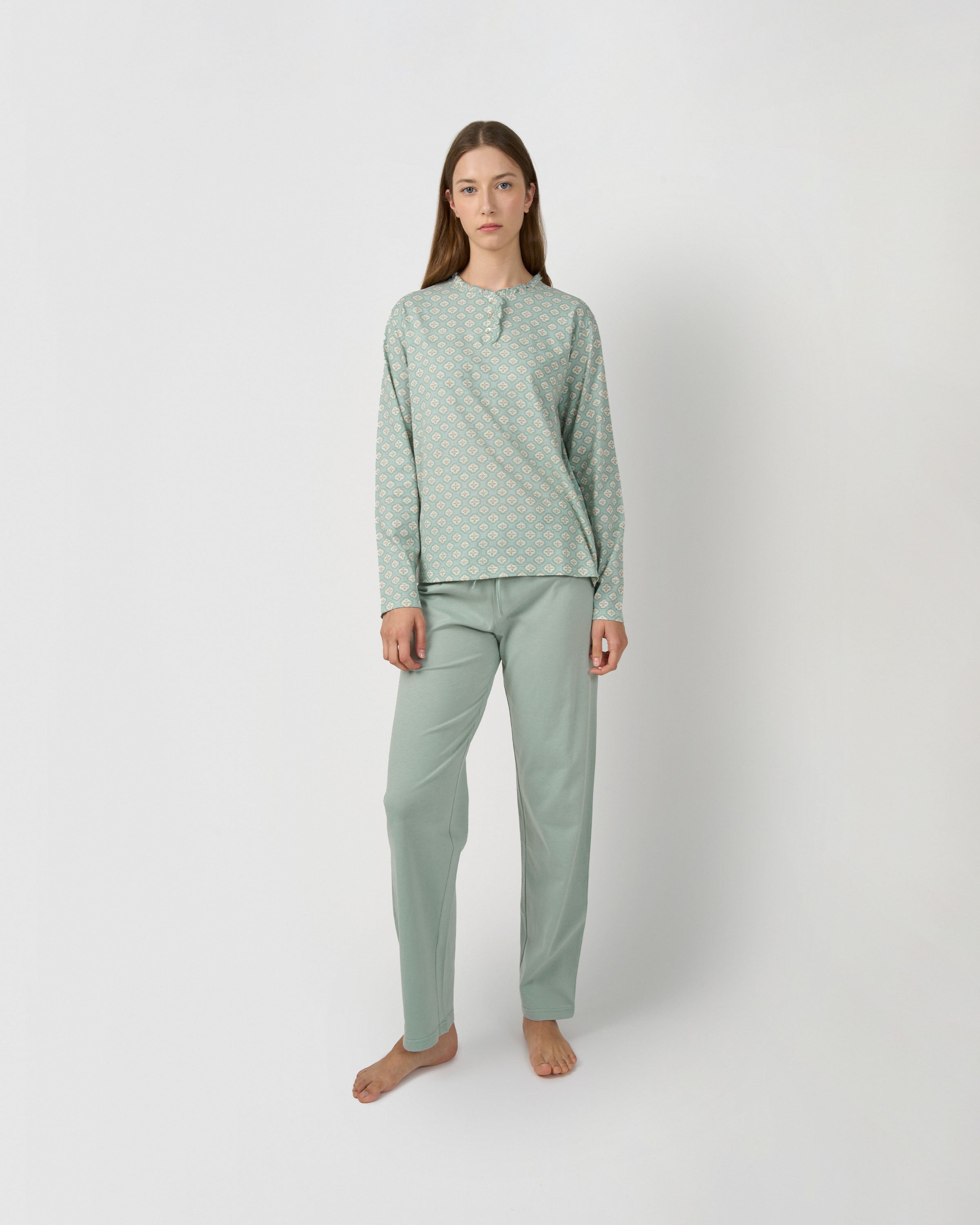 Pijama largo algodón frunce tariq azul agua