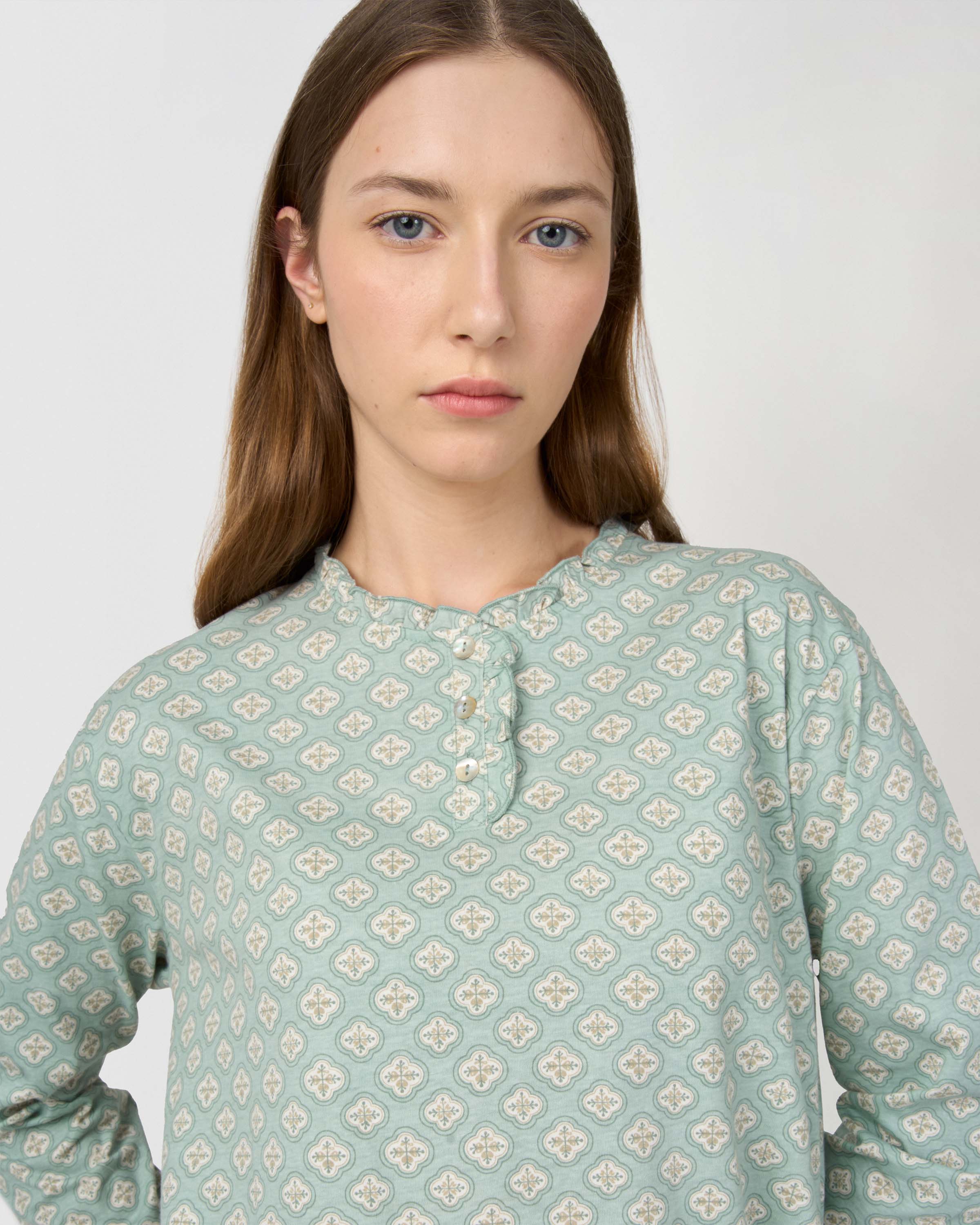 Pijama largo algodón frunce tariq azul agua