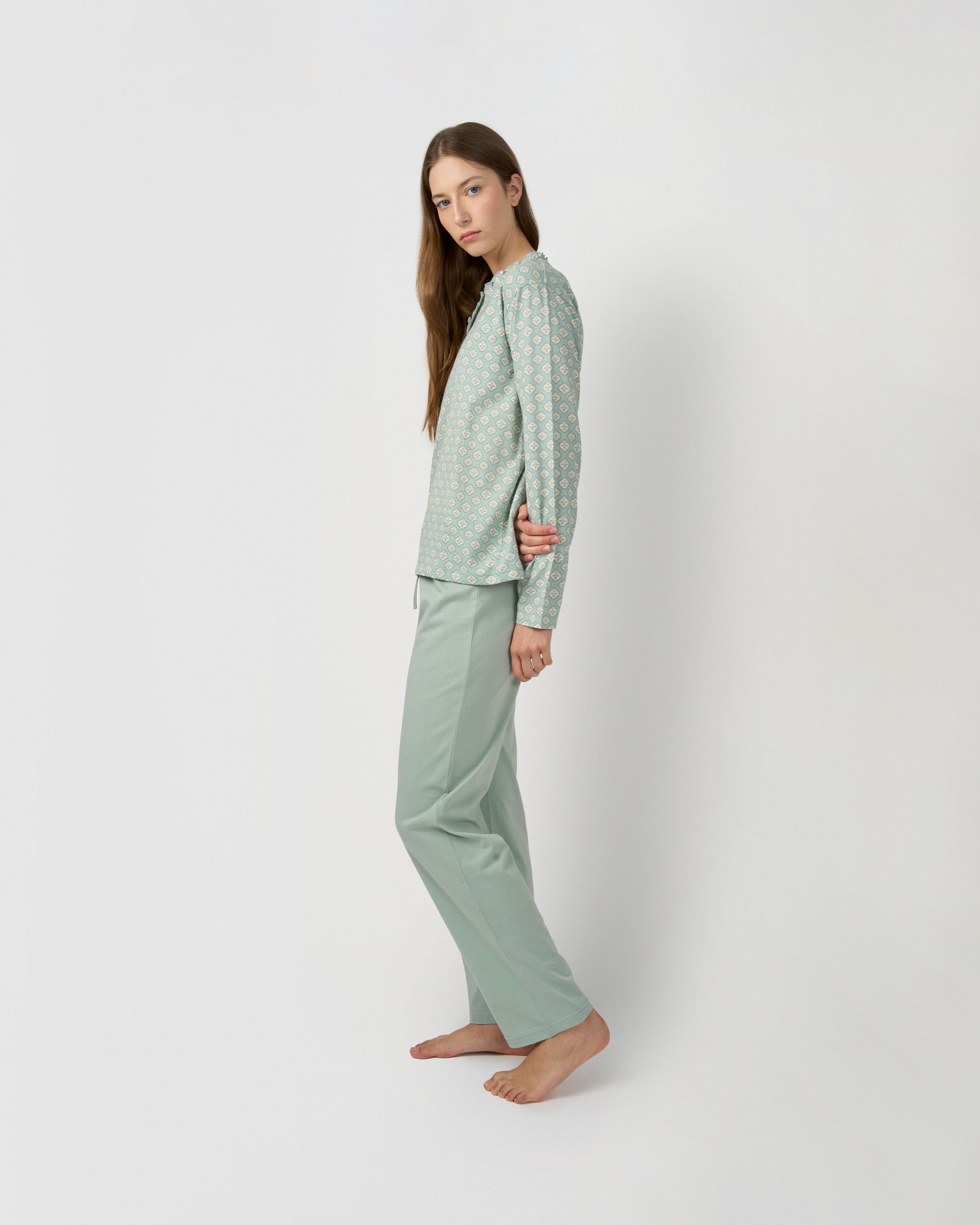 Pijama largo algodón frunce tariq azul agua