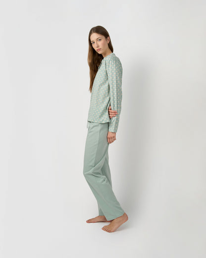Pijama largo algodón frunce tariq azul agua