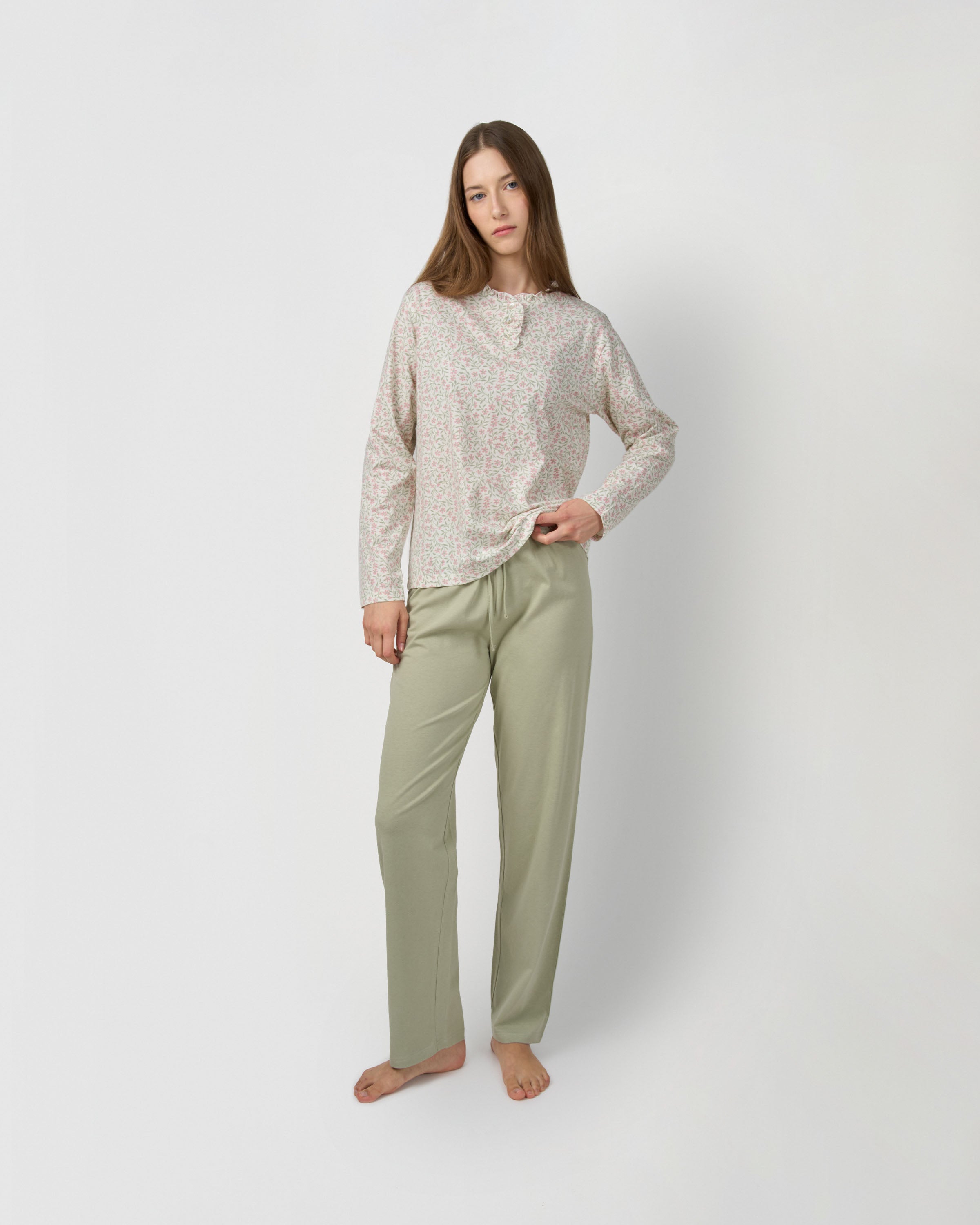 Pijama largo algodón frunce asili verde