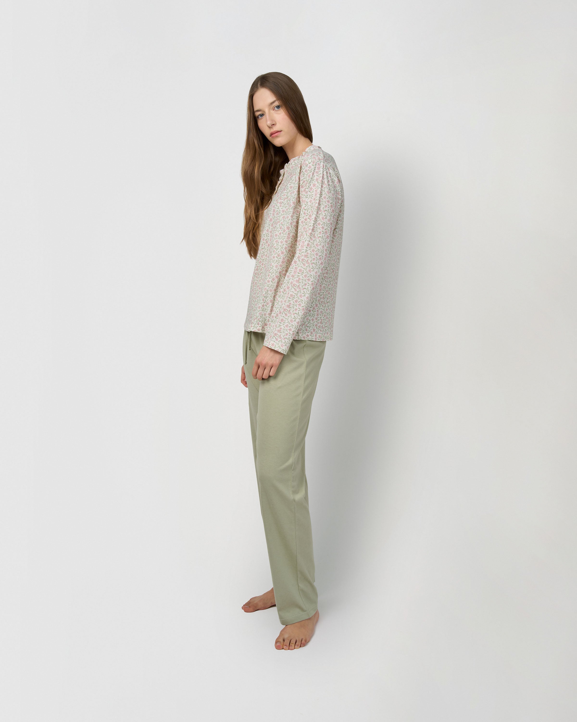 Pijama largo algodón frunce asili verde