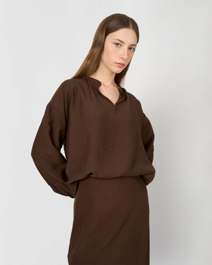 Set blusa y falda midi viscosa lisa chocolate