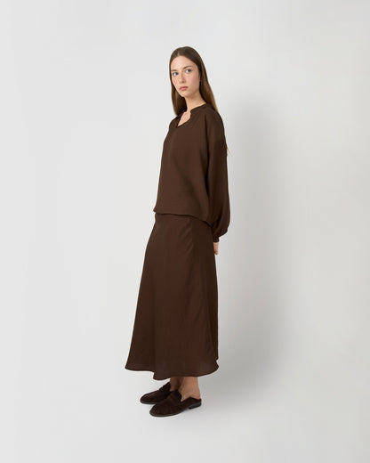Set blusa y falda midi viscosa lisa chocolate