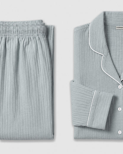 Pijama largo camisero muselina celeste