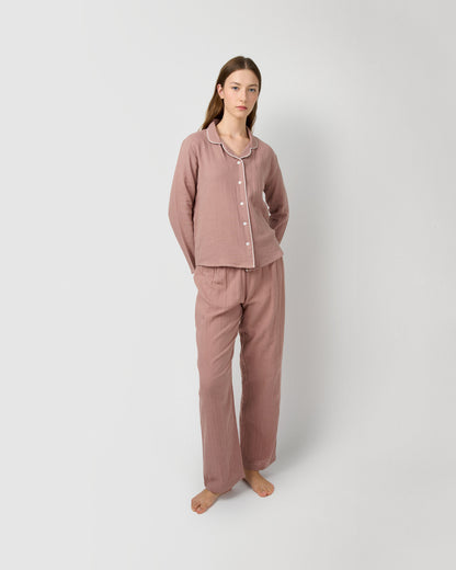 Pijama largo camisero muselina rosa