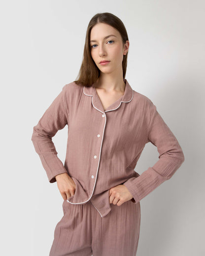 Pijama largo camisero muselina rosa