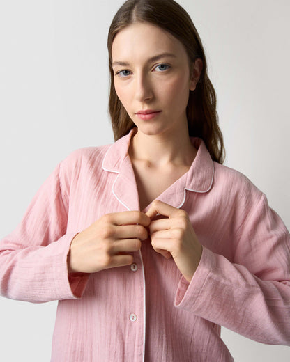 Pijama largo camisero muselina rosa claro
