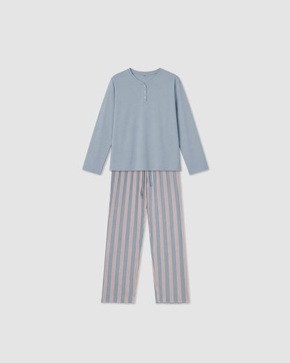 Pijama largo de algodón con escote pico raya zena celeste