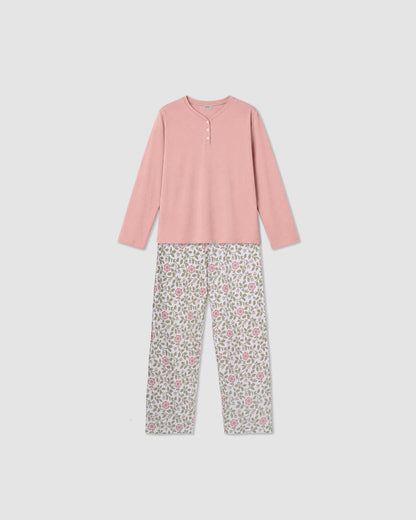 Pijama largo de algodón con escote pico calma rosa claro