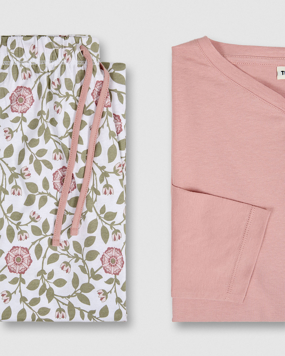 Pijama largo de algodón con escote pico calma rosa claro