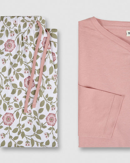 Pijama largo de algodón con escote pico calma rosa claro