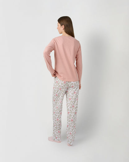 Pijama largo de algodón con escote pico calma rosa claro