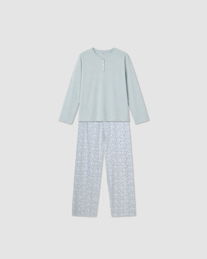 Pijama largo de algodón con escote pico doce azul agua