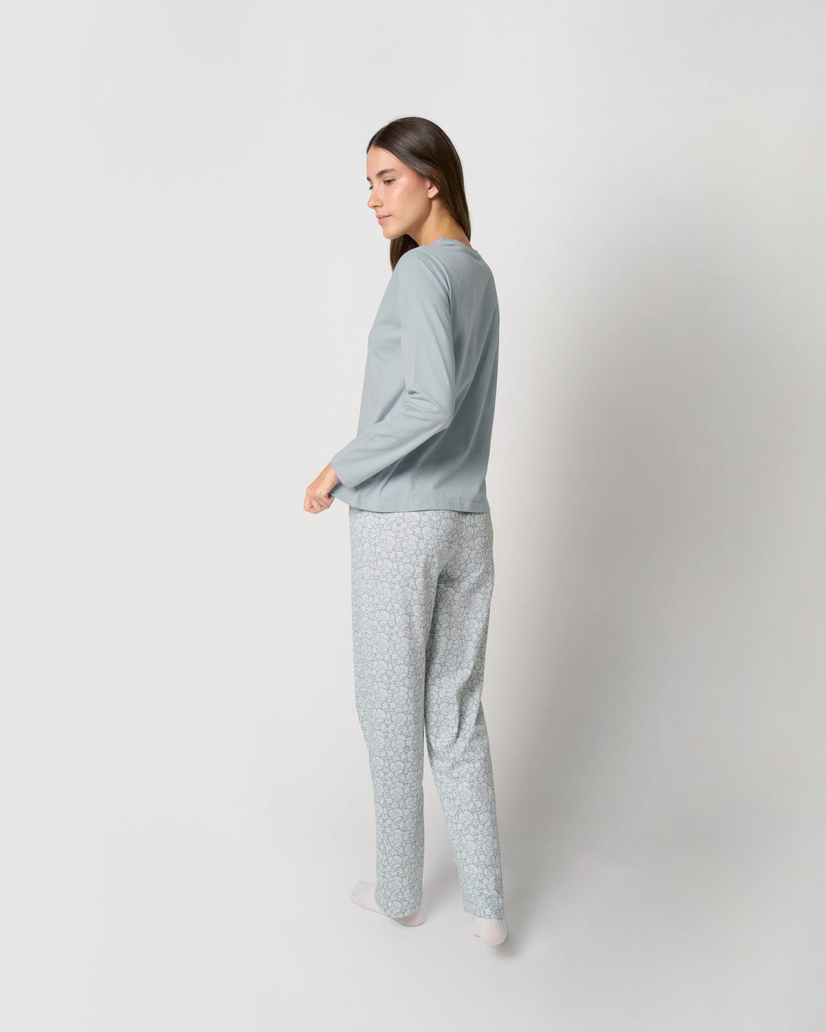 Pijama largo de algodón con escote pico doce azul agua