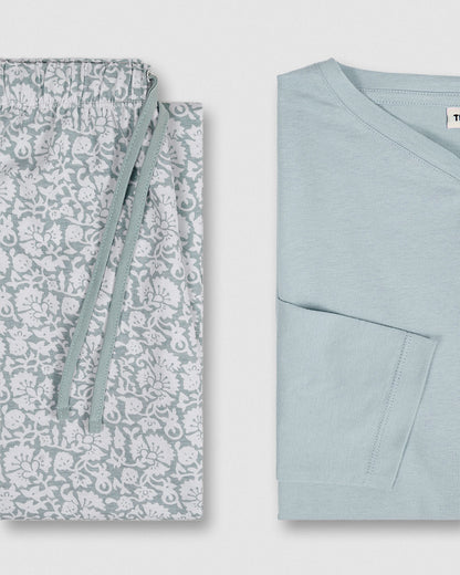Pijama largo de algodón con escote pico doce azul agua