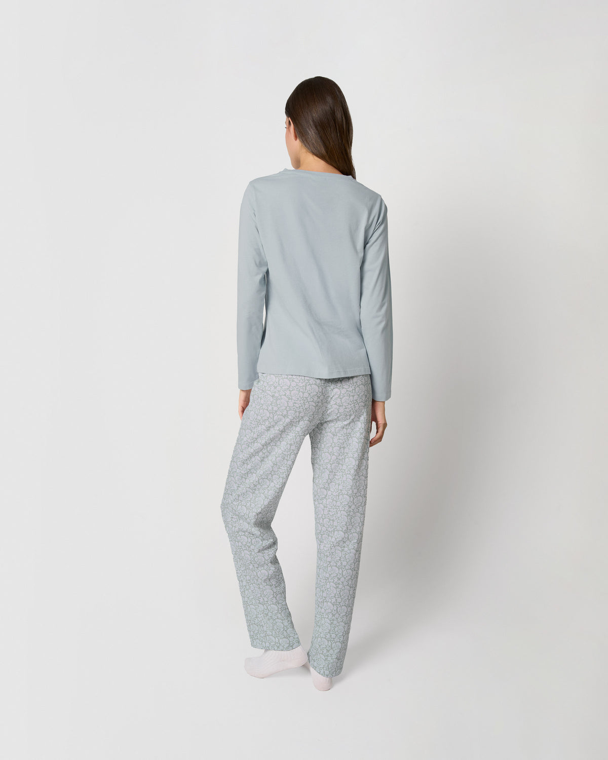 Pijama largo de algodón con escote pico doce azul agua