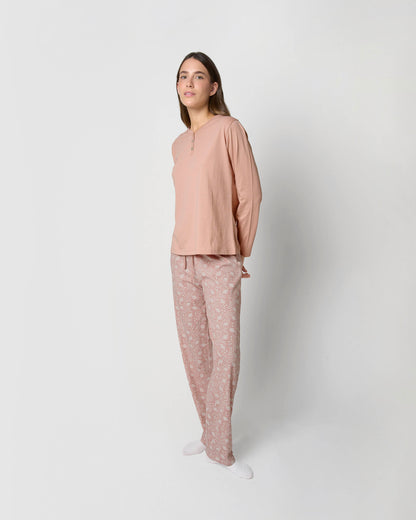 Pijama largo de algodón con escote pico dusty rosa