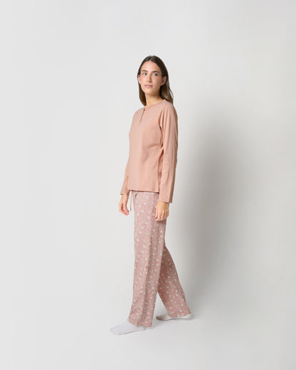 Pijama largo de algodón con escote pico dusty rosa