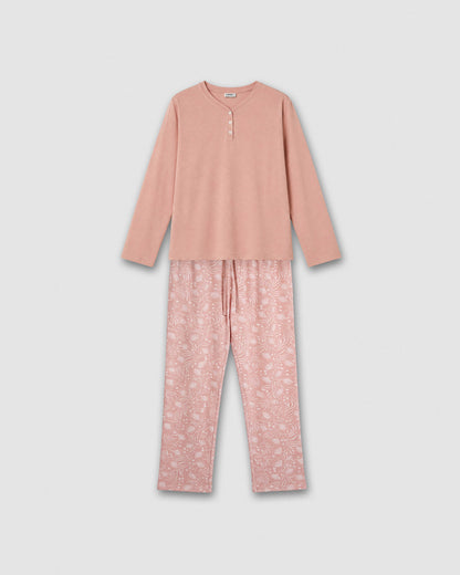 Pijama largo de algodón con escote pico dusty rosa