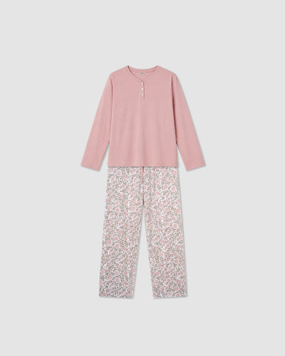Pyjama long coton décolleté pointe odea rose