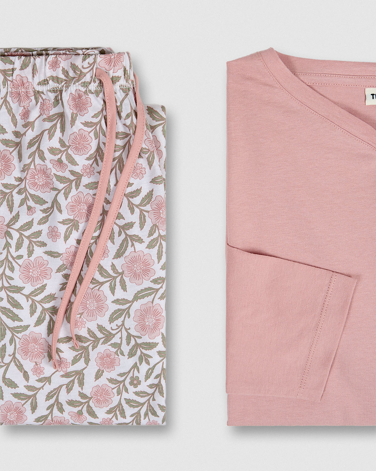 Pyjama long coton décolleté pointe odea rose