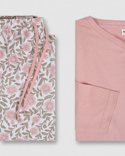 Pyjama long coton décolleté pointe odea rose
