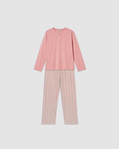 Pijama largo de algodón con escote pico raya ondea rosa