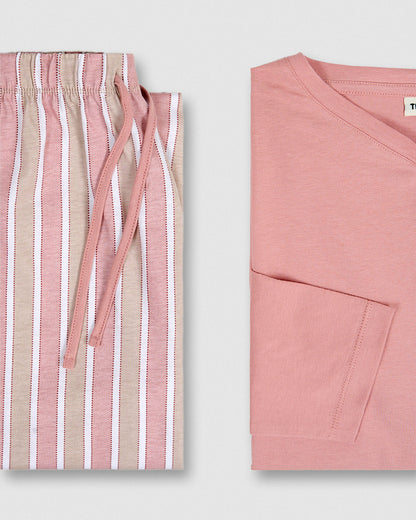 Pijama largo de algodón con escote pico raya ondea rosa