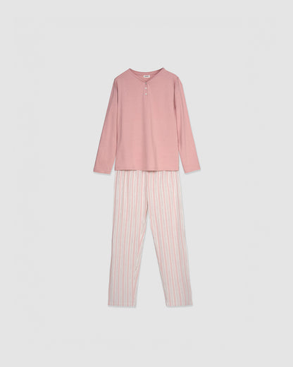 Pijama largo de algodón con escote pico raya zuri rosa