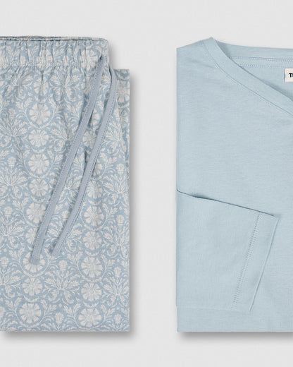 Pijama largo de algodón con escote pico riana índigo