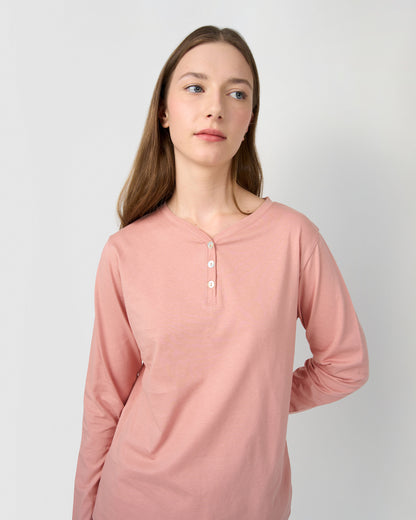 Pijama largo de algodón con escote pico raya ondea rosa